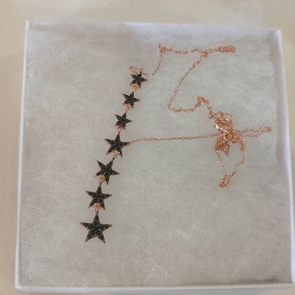 925 Sterling Silver Rose Gold Multi Black Stars Necklace